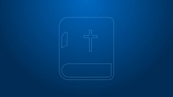 白い線青い背景に孤立した聖書の本のアイコン。4Kビデオモーショングラフィックアニメーション — ストック動画
