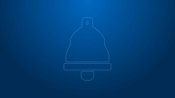 White line Church bell icon isolated on blue background. Alarm symbol, service bell, handbell sign, notification symbol. 4K Video motion graphic animation — Stock Video
