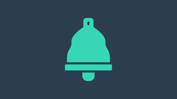 Icono de campana de la iglesia turquesa aislado sobre fondo azul. Símbolo de alarma, campana de servicio, señal de timbre, símbolo de notificación. Animación gráfica de vídeo 4K — Vídeo de stock