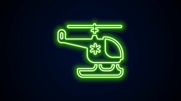 Icona luminosa al neon Rescue elicottero isolato su sfondo nero. Elicottero di ambulanza. Animazione grafica 4K Video motion — Video Stock