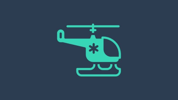 Turquoise Rescue helicopter icon isolated on blue background. Ambulance helicopter. 4K Video motion graphic animation — Stock Video