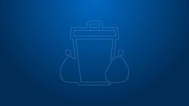 White line Trash can icon isolated on blue background. Garbage bin sign. Recycle basket icon. Office trash icon. 4K Video motion graphic animation — Stock Video