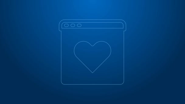 Biała linia Dating app online laptop concept icon isolated on blue background. Profil płci męskiej płaski. Para pasuje do związku. 4K Animacja graficzna ruchu wideo — Wideo stockowe