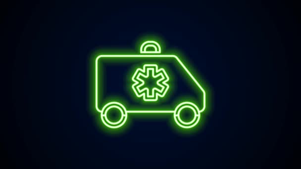 Glödande neon line Ambulans och nödbil ikon isolerad på svart bakgrund. Ambulans fordon medicinsk evakuering. 4K Video motion grafisk animation — Stockvideo