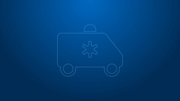 White line Ambulance and emergency car icon isolated on blue background. Ambulance vehicle medical evacuation. 4K Video motion graphic animation — Stock Video