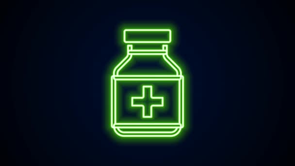 Glowing neon line Medicine bottle and pills icon isolated on black background. Bottle pill sign. Pharmacy design. 4K Video motion graphic animation — Stock Video