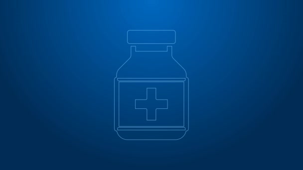 Línea blanca botella de medicina y pastillas icono aislado sobre fondo azul. Signo de la píldora. Diseño de farmacia. Animación gráfica de vídeo 4K — Vídeo de stock