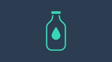 Mavi arka planda izole edilmiş turkuaz su ikonu şişesi. Soda su içme tabelası. 4K Video hareketli grafik canlandırması