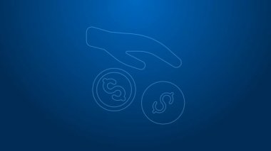 Beyaz çizgi bağışı ve yardım ikonu mavi arka planda izole edildi. Para ve bağış konsepti. 4K Video hareketli grafik canlandırması