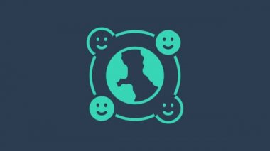 Turkuaz Uluslararası topluluk simgesi mavi arka planda izole edildi. Dünya çapında bir topluluk. Kültürler arası iletişim. Dünya çapında arkadaş edinmek. 4K Video hareketli grafik canlandırması