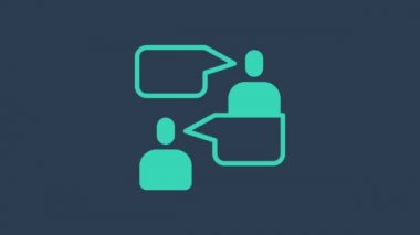 Turkuaz İki konuşan adam mavi arka planda izole edilmiş bir simge. Konuşma balonu sohbeti. İleti simgesi. İletişim ya da yorum sohbet sembolü. 4K Video hareketli grafik canlandırması