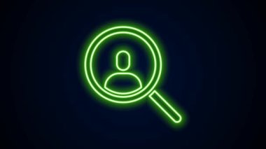 Siyah arkaplanda izole edilmiş bir insan simgesini aramak için parlayan neon çizgi büyüteç. İşe alım ya da seçim konsepti. Çalışanları ve işi ara. 4K Video hareketli grafik canlandırması