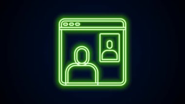 Parlayan neon hattı görüntülü sohbet konferansı simgesi siyah arkaplanda izole edildi. Ekranda görüntülü sohbet arayüzü olan bilgisayar. 4K Video hareketli grafik canlandırması