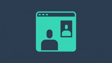 Mavi arkaplanda turkuaz görüntülü sohbet ikonu izole edildi. Ekranda görüntülü sohbet arayüzü olan bilgisayar. 4K Video hareketli grafik canlandırması