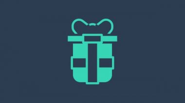 Turkuaz hediye kutusu simgesi mavi arkaplanda izole edildi. Doğum günün kutlu olsun. 4K Video hareketli grafik canlandırması