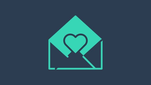 Τυρκουάζ φάκελος με το εικονίδιο καρδιά Valentine απομονώνονται σε μπλε φόντο. Μήνυμα αγάπης. Γράμμα αγάπης και ρομαντισμού. 4K Γραφική κίνηση κίνησης βίντεο — Αρχείο Βίντεο