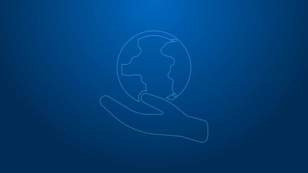 White line Human hand holding Earth globe icon isolated on blue background. Save earth concept. 4K Video motion graphic animation — Stock Video