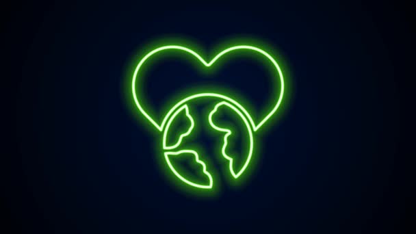 Leuchtende Neon-Linie Die Herzwelt - Liebesikone isoliert auf schwarzem Hintergrund. 4K Video Motion Grafik Animation — Stockvideo