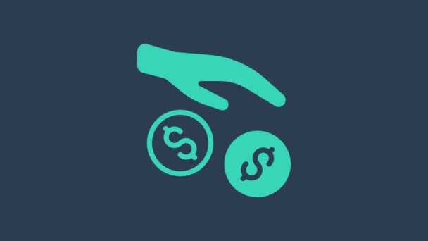 Бірюзовий донорський та благодійний значок ізольовані на синьому фоні. Пожертвуйте гроші та благодійну концепцію. 4K Відео рух графічна анімація — стокове відео