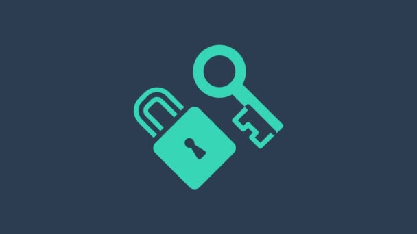 Turchese Lock con icona chiave isolata su sfondo blu. Simbolo d'amore e simbolo del buco della serratura. Animazione grafica 4K Video motion — Video Stock