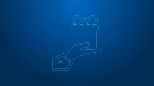 Linea bianca Regala icona isolata su sfondo blu. Un regalo in mano. Il concetto di dare e ricevere un dono. Animazione grafica 4K Video motion — Video Stock