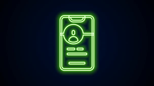 Glödande neon line Dating app online mobilkoncept ikon isolerad på svart bakgrund. Kvinna manliga profil platt design. Ett par träffar på ett förhållande. 4K Video motion grafisk animation — Stockvideo