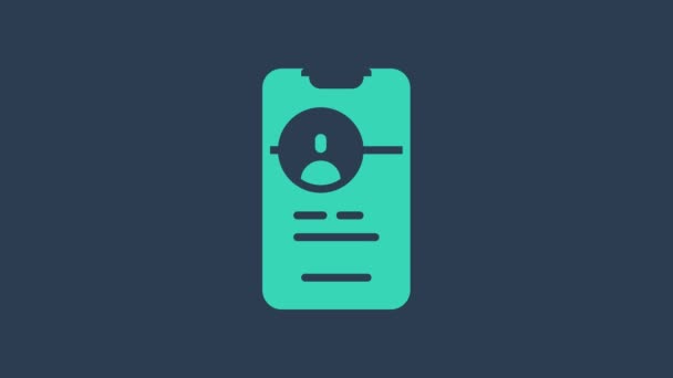 Бирюзовое приложение для знакомств онлайн иконка мобильной концепции изолирована на синем фоне. Женский мужской профиль плоский дизайн. Пара совпадений по отношениям. Видеографическая анимация 4K — стоковое видео