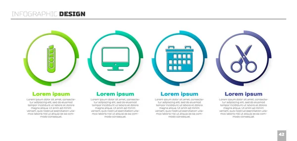 Nastavte nůž na papír, obrazovku monitoru, kalendář a nůžky. Obchodní infografická šablona. Vektor — Stockový vektor