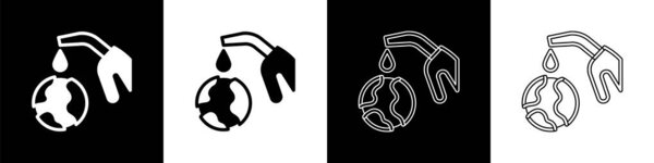 Set Fuel nozzle pumping oil or petrol from planet Earth icon isolated on black and white background. Ecological concept. Vector