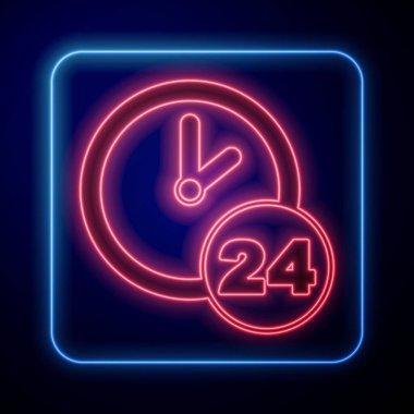 Parlayan neon saat siyah arkaplanda 24 saatlik bir simge izole edildi. Tüm gün döngü simgesi. 24 saat hizmet sembolü. Vektör