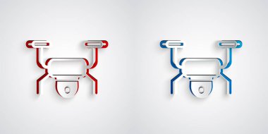 Kağıt kesikli İHA uçan ikonu gri arka planda izole edildi. Video ve fotoğraf makinesi sembollü dörtlü helikopter. Kağıt sanatı tarzı. Vektör