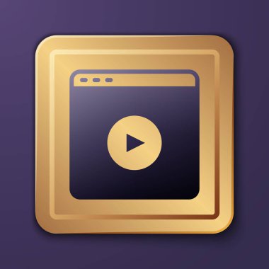 Mor Online video oynatma simgesi mor arkaplanda izole edildi. Oyun işaretli film şeridi. Altın kare düğme. Vektör