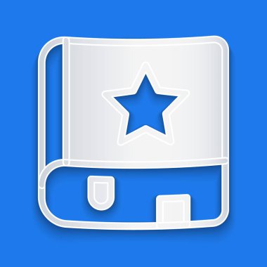 Kağıt, Eskiler 'in sihirli kitabını simya tarifleri, mistik büyüler ve mavi arka planda izole edilmiş büyü simgeleriyle kesiyor. Kağıt sanatı tarzı. Vektör