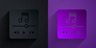 Kağıt kesiği Müzik çalar simgesi mor arkaplanda siyah üzerine izole. Taşınabilir müzik cihazı. Kağıt sanatı tarzı. Vektör