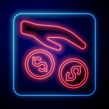 Parlayan neon bağışı ve bağış simgesi siyah arka planda izole edildi. Para ve bağış konsepti. Vektör