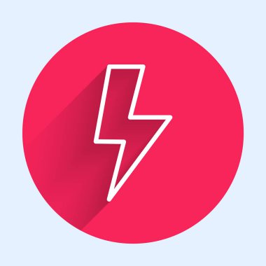 Beyaz çizgi Şimşek simgesi uzun gölgeli izole edilmiş. Flaş işareti. Flaş ikonunu yükle. Gök gürültüsü. Yıldırım çarpması. Kırmızı daire düğmesi. Vektör