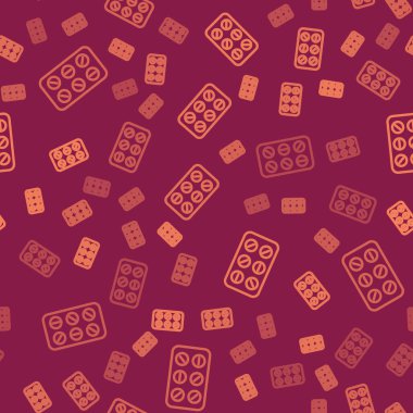 Kahverengi çizgili haplar, kırmızı arka planda izole edilmiş iz bırakıyor. İlaç paketi. Tablet, vitamin, antibiyotik, aspirin. Vektör