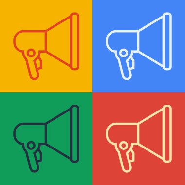 Pop sanat çizgisi Megafon simgesi renk arkaplanında izole edildi. Sözcü işareti. Vektör