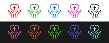 Siyah beyaz arka planda izole edilmiş bir ikonun içindeki kalbe dini haç yerleştirin. Tanrı sevgisi, Katolik ve Hıristiyan sembolü. İnsanlar dua eder. Vektör