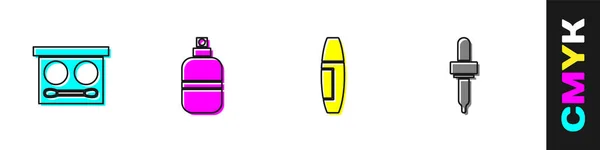 Stellen Sie Lidschattenpalette, Parfüm, Mascara-Pinsel und Pipettensymbol ein. Vektor — Stockvektor