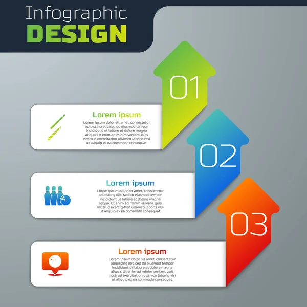 Definir Bilhar cue, Bowling pin e bola e Localização com boliche. Modelo de infográfico de negócios. Vetor — Vetor de Stock