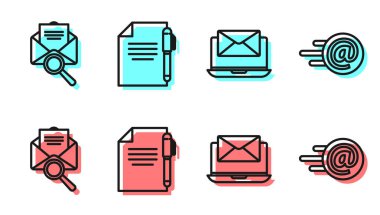Dizüstü bilgisayarı zarfla, zarfı büyüteçle, belgeyle, kalemle, mail ile ve e-posta simgesiyle ayarla. Vektör