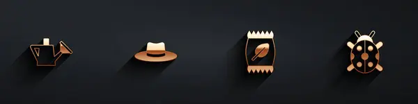 Sulama kutusu, bahçıvan şapkası, gübre torbası ve uzun gölgeli uğur böceği ikonu. Vektör — Stok Vektör