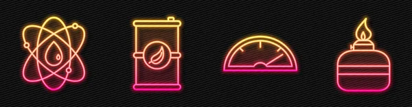 Set Line Tachometer, Atom, Biotreibstofffass und Alkohol- oder Spiritusbrenner. Leuchtende Leuchtschrift. Vektor — Stockvektor