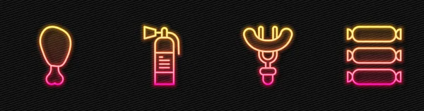 Set line Sausage on the fork, Chicken leg, Fire extinguisher and . Glowing neon icon. Vector — Stock Vector