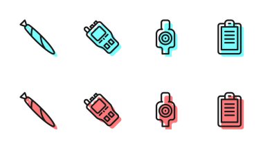 Atış için insan hedef tahtası, marihuana mekanı, telsiz ve polis raporları ikonu. Vektör