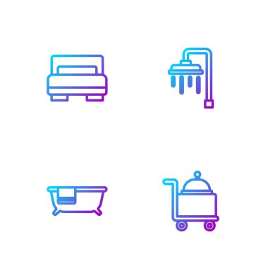 Sırayı tepsiyle, küvetle, otel odası yatağıyla ve duşla kaplayın. Renk simgeleri. Vektör