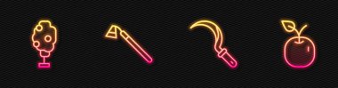 Çizgi Orak, Elmalı Ağaç, Çapa ve Elma. Parlayan neon ikonu. Vektör