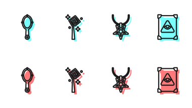 Pentagram 'ı kolyeye, sihirli el aynasına, asaya ve Eskiler' in sihirli kitap ikonuna ayarla. Vektör