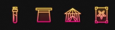 Sirk çadırı, iksirli şişe, sihirli şapka ve Eskiler 'in sihirli kitabı. Parlayan neon ikonu. Vektör